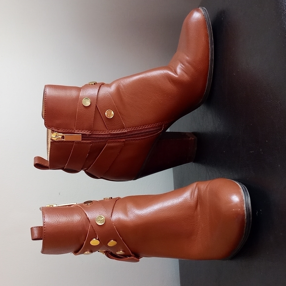 Nine West Tan Ankle Boots with Gold Stud Side Straps